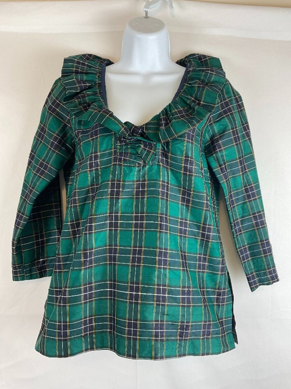 Devon Baer Blouse XS Green Black White Yellow Plaid Ruffle Collar Long 3/4 Sleev